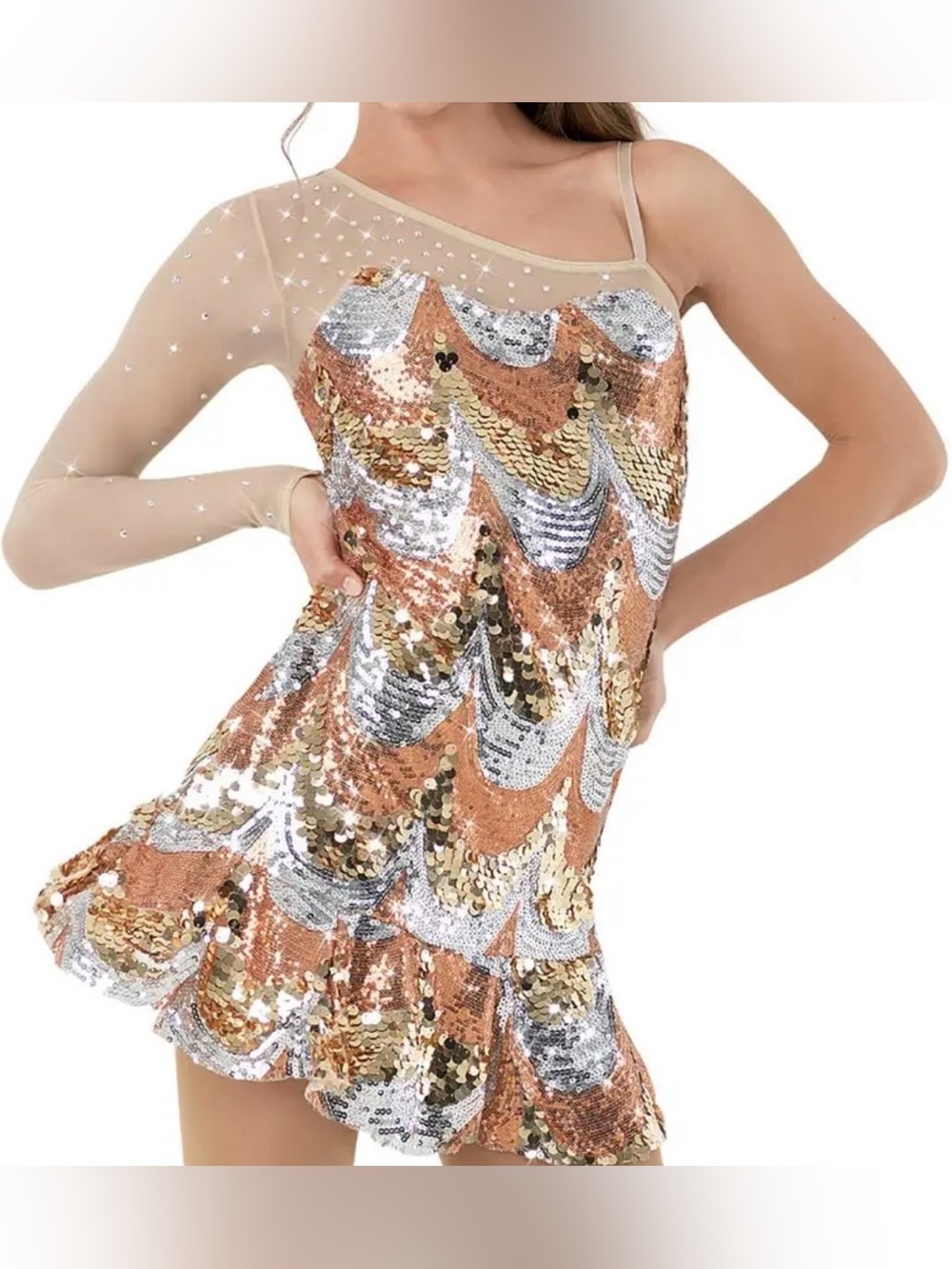 Weissman Sequin One-Shoulder Dance Dress in Gold and Silver